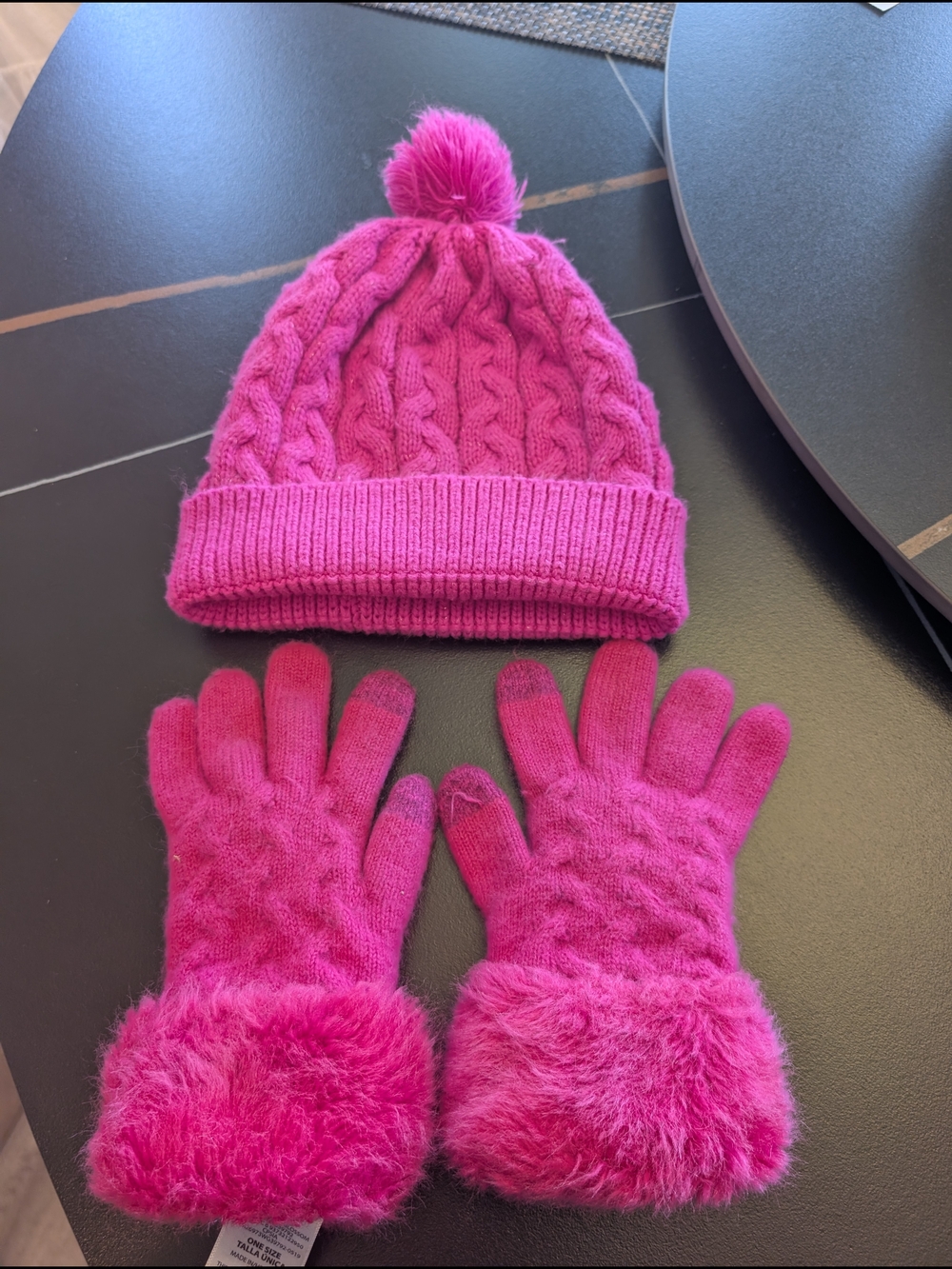 Toby Kids Pink Pom Pom Knit Hat and Faux Fur Cuff Gloves Set